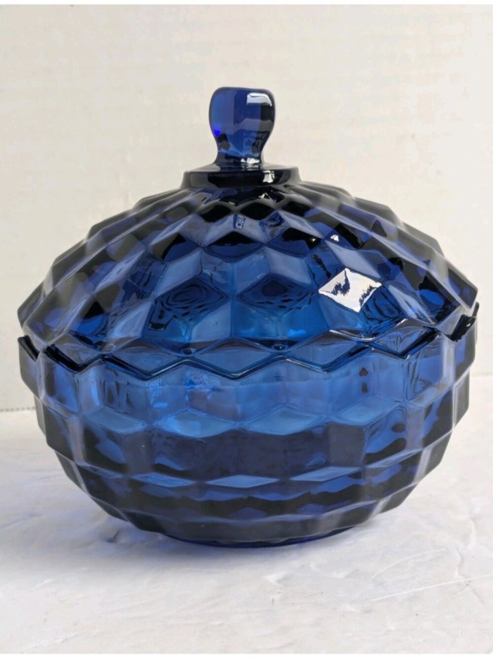 Vtg Indiana Glass Whitehall Cobalt Blue Covered Candy Dish Lid Cubist Colony 6"